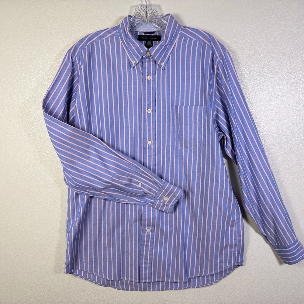 Tommy Hilfiger Men's Cotton Blue Pink Striped Button Down Collar Dress Shirt M